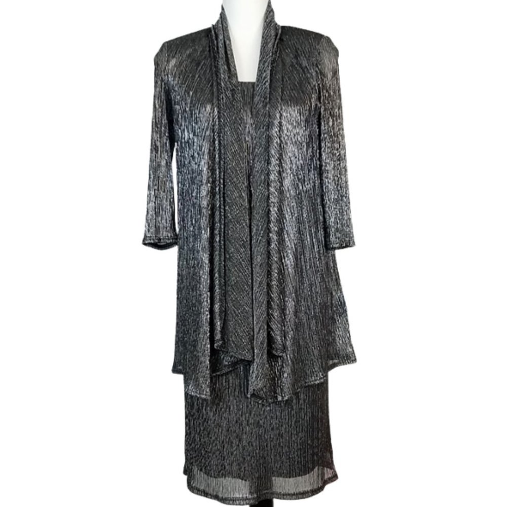 R & M RICHARDS Black & Silver Metallic 2 PC Dress & Jacket Set Women's 6 P